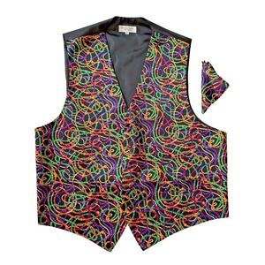 Mardi Gras Beads Tuxedo Vest Men XL Carnival New Orleans Formal Pocket Square